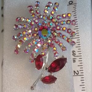 Dazzling Crystal Flower Brooch with Red Accents